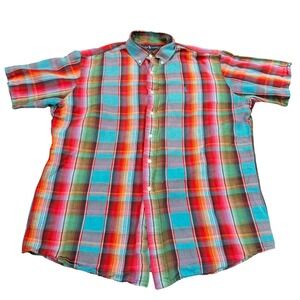 Ralph Lauren Mens Custom Fit Linen Cotton Plaid Short Sleeve Shirt Multicolor LG